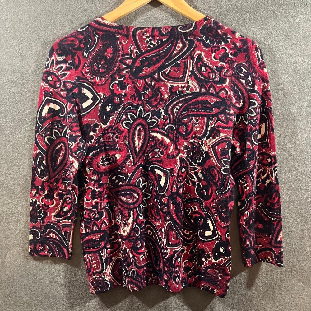 Talbots V-Neck Sweater 100% Merino Wool Paisley Print 3/4 Sleeve Red Black M - Picture 3 of 5